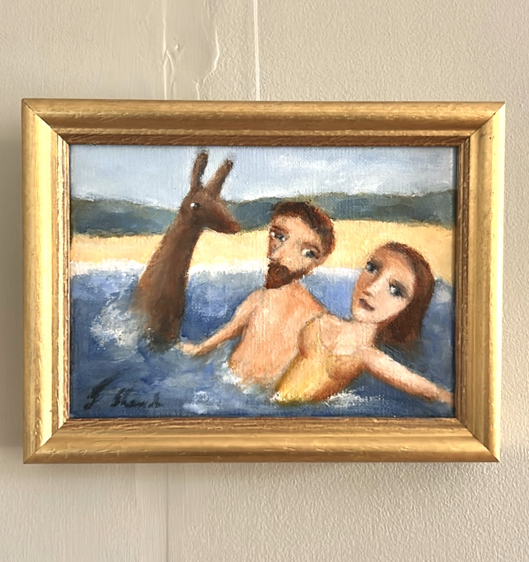 Art Sale: Garry Shead Price List 2025 2 DH Lawrence Study 4 (DHL & Frieda Embrace) Oil on Linen, 13 x 18cm