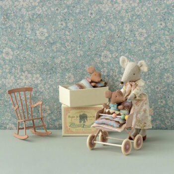 Maileg Sleepy Wakey Baby Mouse in Blue Box in room