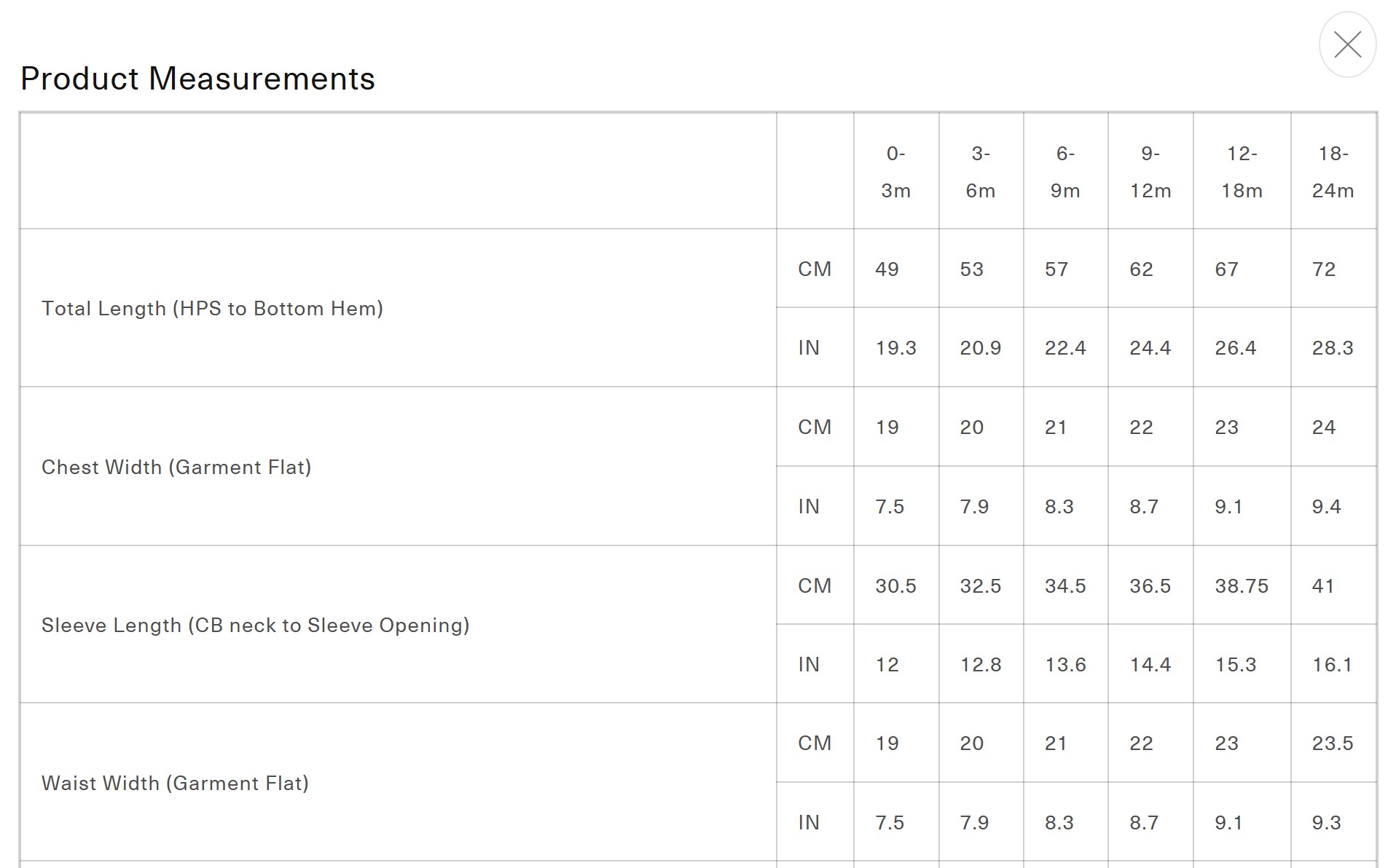 Misha & Puff Product Measurements Baby