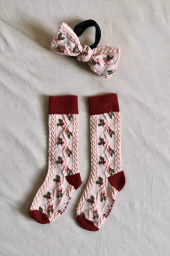 Bonjour Flower Socks with Hair Bow ~ Red Pink