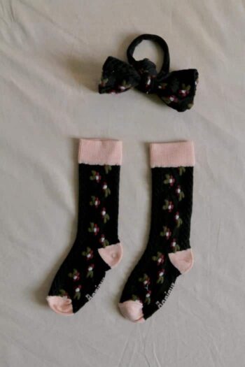 Bonjour Flower Socks with Hair Bow ~ Pink Black