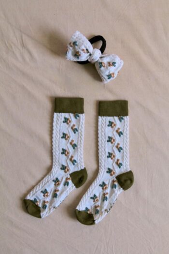 Bonjour Flower Socks with Hair Bow ~ Green Ecru