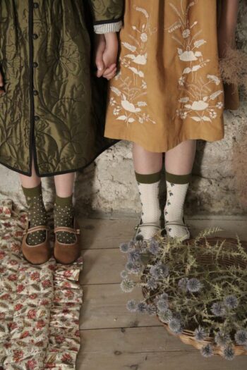 Bonjour Flower Socks with Hair Bow ~ Green Ecru