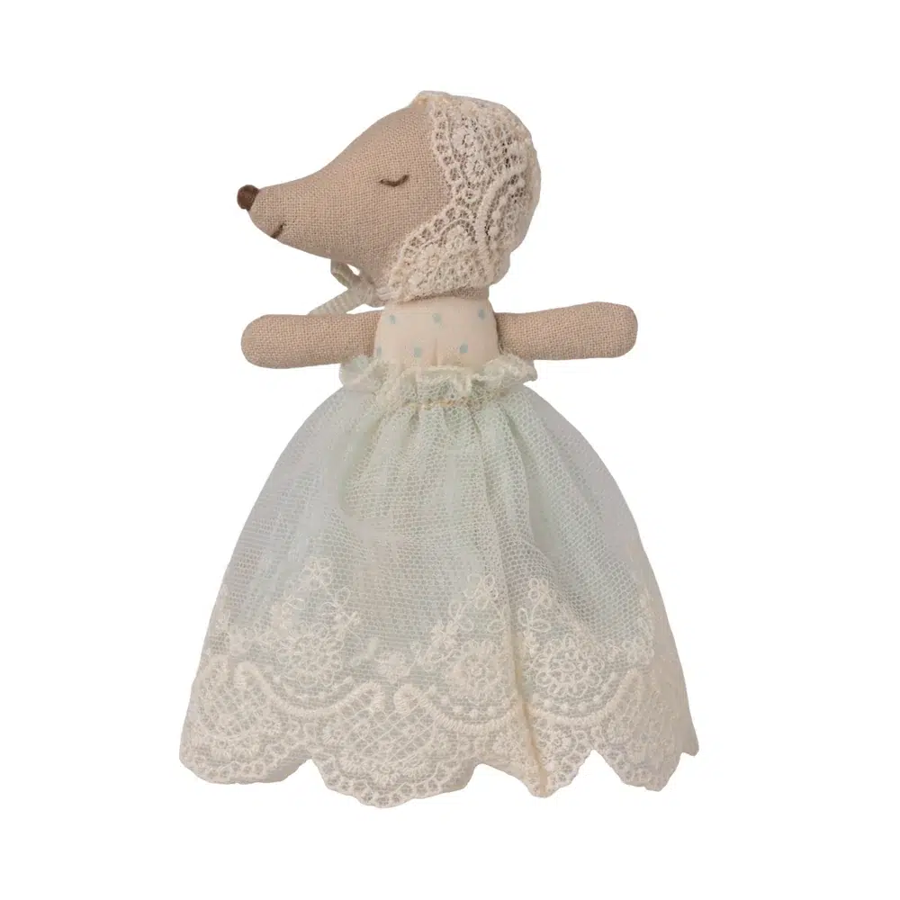 Maileg Baby Mouse in Gown Mint 2 Maileg Baby Mouse in Gown Mint