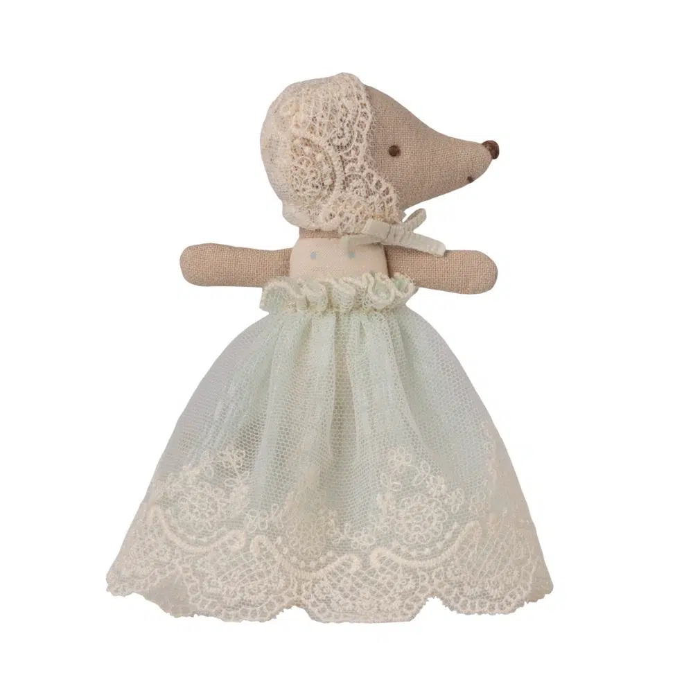 Maileg Baby Mouse in Gown Mint 1 Maileg Baby Mouse in Gown Mint