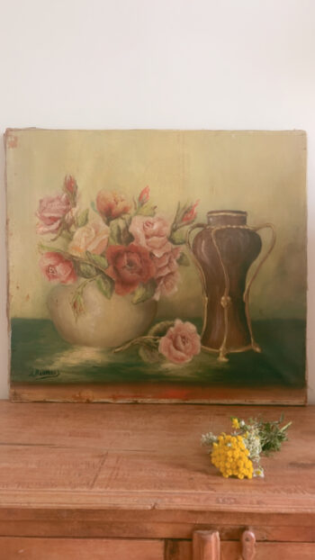 Vintage Belgian Still Life Oil Painting with Roses