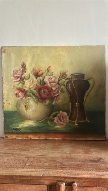 Vintage Belgian Still Life Oil Painting with Roses