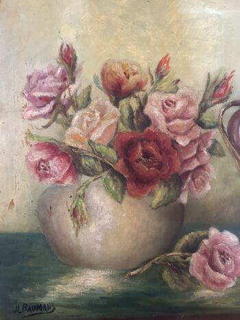 Vintage Belgian Still Life Oil Painting with Roses