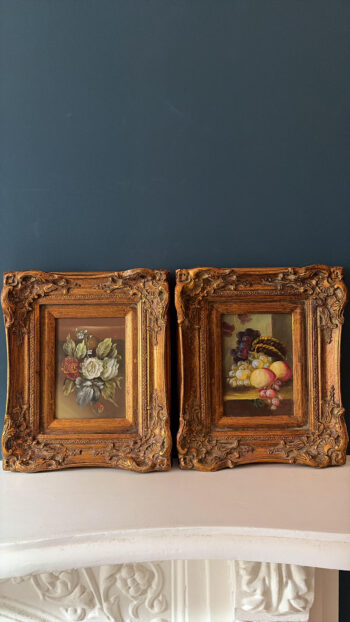 Pair of Petite French Still Life Paintings in Ornate Gilt Frames beautiful french decor