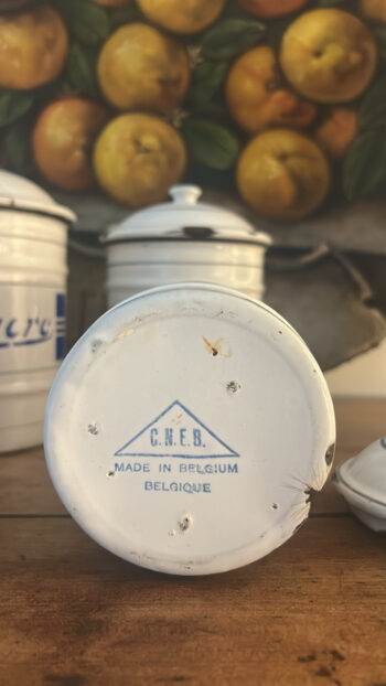 Vintage Belgian C.N.E.B. Enamel Kitchen Canisters Stamp