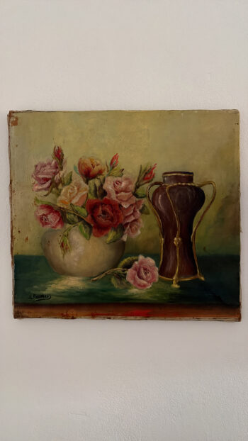 Vintage Belgian Still Life Oil Painting with Roses (5)