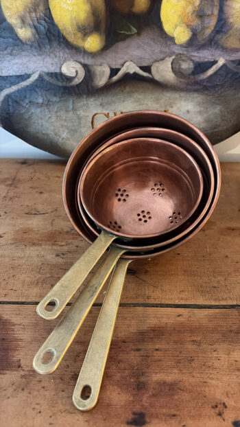 Vintage French Copper Strainers with Brass Handles – Set of Three