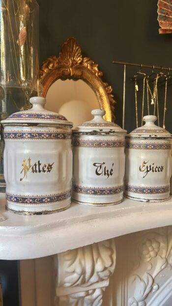 Vintage French Enamel Kitchen Canisters – Set of Three