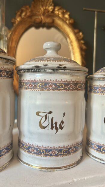 Vintage French Enamel Kitchen Canisters – Set of Three