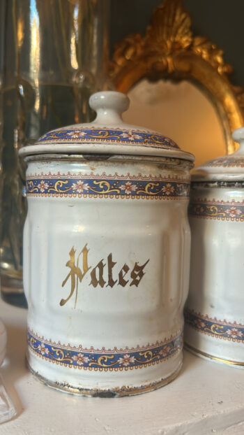 Vintage French Enamel Kitchen Canisters – Set of Three