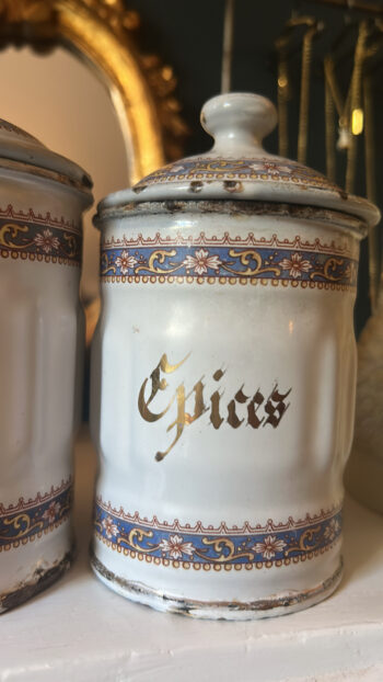 Vintage French Enamel Kitchen Canisters – Set of Three
