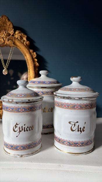Vintage French Enamel Kitchen Canisters – Set of Three