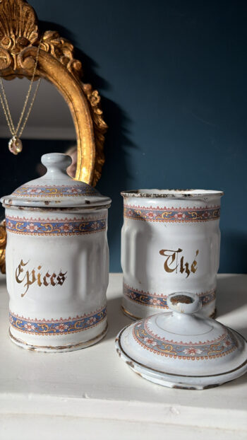 Vintage French Enamel Kitchen Canisters – Set of Three