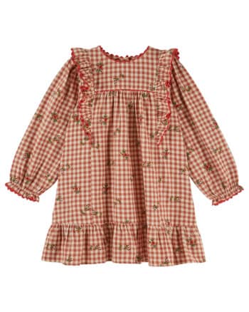 Emile et Ida Terracotta Embroidere Gingham Dress Vichy Broderie