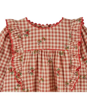 Emile et Ida Terracotta Embroidere Gingham Dress Vichy Broderie