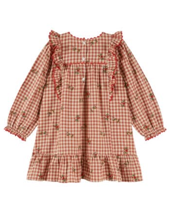 Emile et Ida Terracotta Embroidere Gingham Dress Vichy Broderie