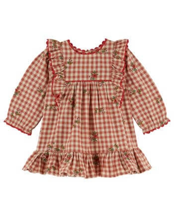 Emile et Ida Terracotta Embroidere Gingham Dress Vichy Broderie