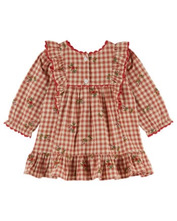 Emile et Ida Terracotta Embroidere Gingham Dress Vichy Broderie