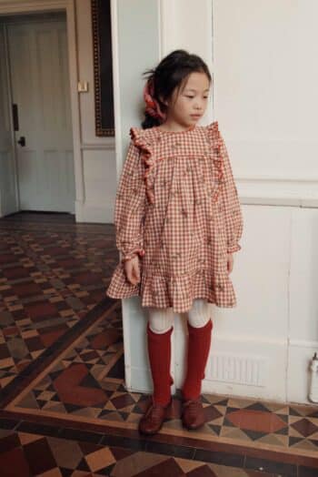 Emile et Ida Terracotta Embroidere Gingham Dress Vichy Broderie