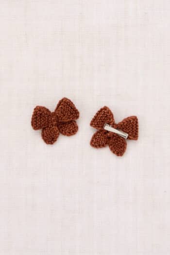 Misha and Puff Baby Puff Bow Set in Cedar brown featuring two hand-knit merino wool bow hair clips for babies and toddlers. Back