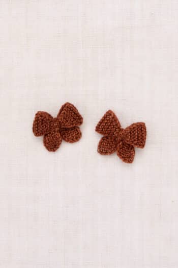 Misha and Puff Baby Puff Bow Set in Cedar brown featuring two hand-knit merino wool bow hair clips