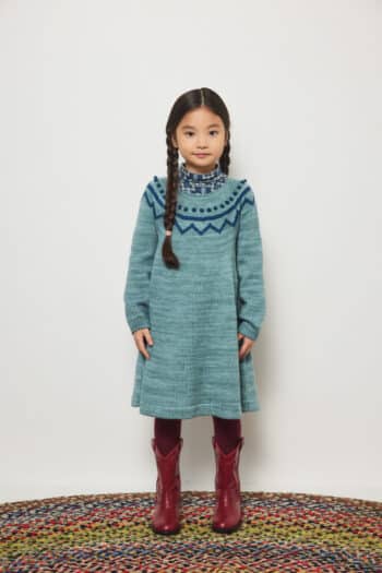 Misha and Puff Zig Zag Dress in Slate blue grey hand-knit merino wool on girl