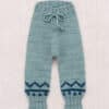 Misha and Puff Zig Zag Snowy Day Legging in Slate blue grey hand-knit merino wool featuring a chevron motif, popcorn stitch details, and a drawstring waist.