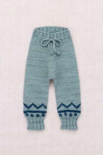 Misha and Puff Zig Zag Snowy Day Legging in Slate blue grey hand-knit merino wool featuring a chevron motif, popcorn stitch details, and a drawstring waist.