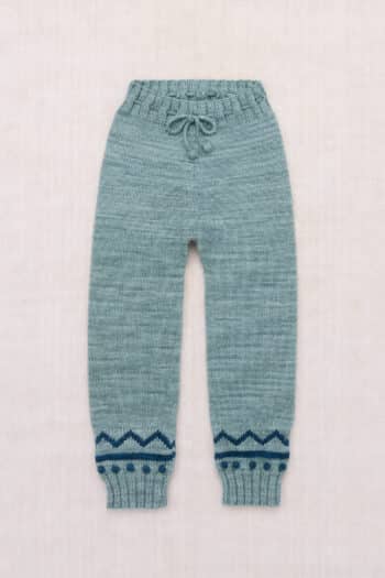 Misha and Puff Zig Zag Snowy Day Legging in Slate blue grey hand-knit merino wool featuring a chevron motif, popcorn stitch details, and a drawstring waist. back