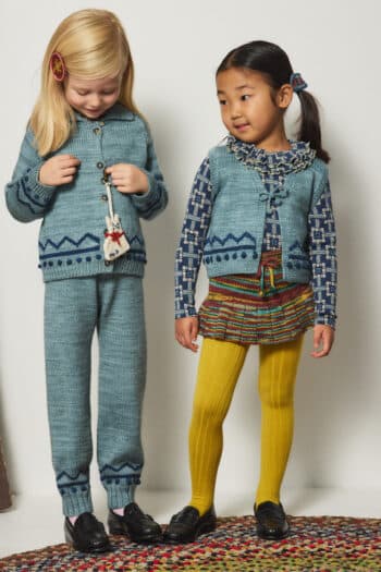 Misha and Puff Zig Zag Snowy Day Legging in Slate blue grey hand-knit merino wool featuring a chevron motif, popcorn stitch details, and a drawstring waist worn for play