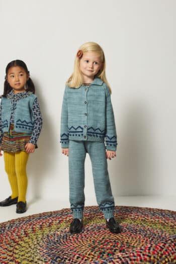 Misha and Puff Zig Zag Snowy Day Legging in Slate blue grey hand-knit merino wool featuring a chevron motif, popcorn stitch details, and a drawstring waist stylish winter wear for children