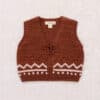 Misha and Puff Zig Zag Vest in Cedar brown hand-knit merino wool featuring a heritage chevron stitch pattern and a classic horn button closure.